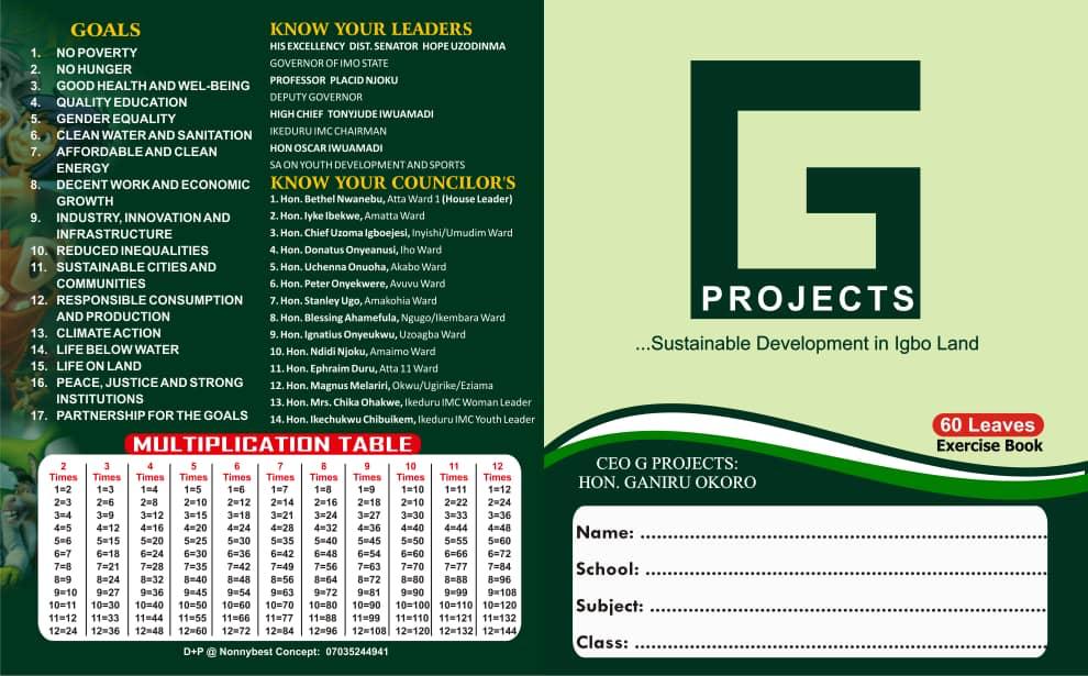 G Projects exercise book cover with Sustainable Development Goals
